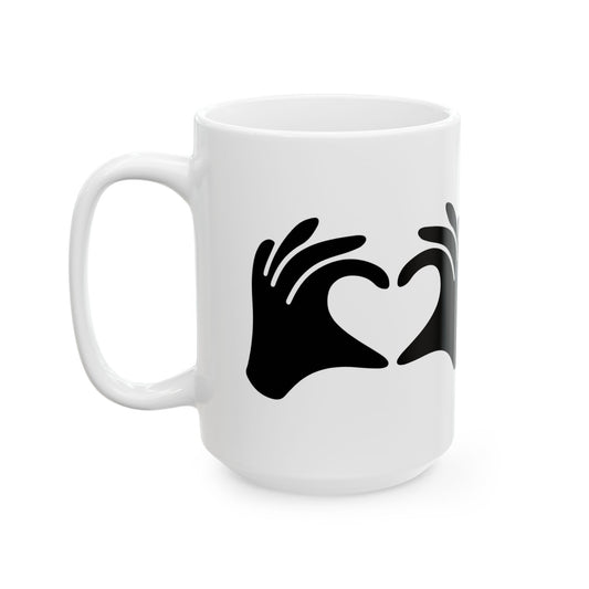 White mug with black abstract design on a white background