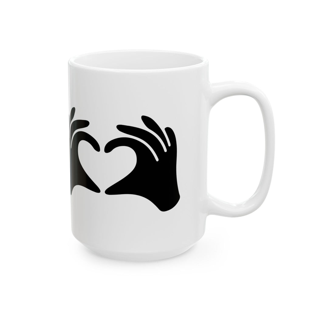 White mug with black abstract design on a white background