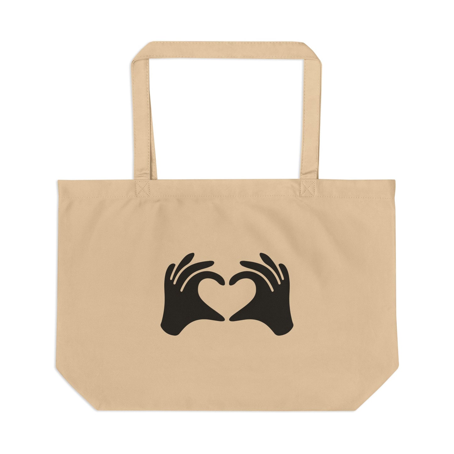 Beige tote bag with black hand heart design on a white background