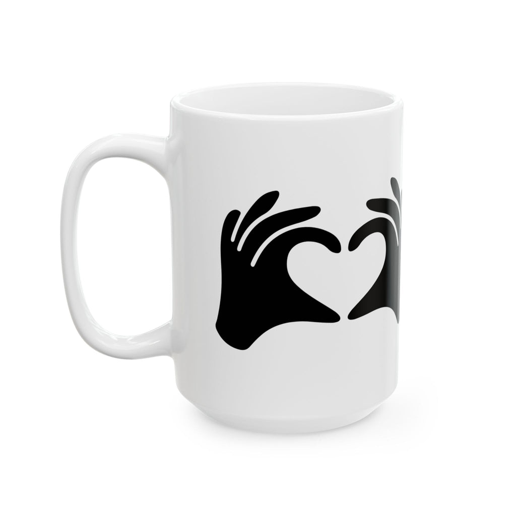 White mug with black abstract design on a white background