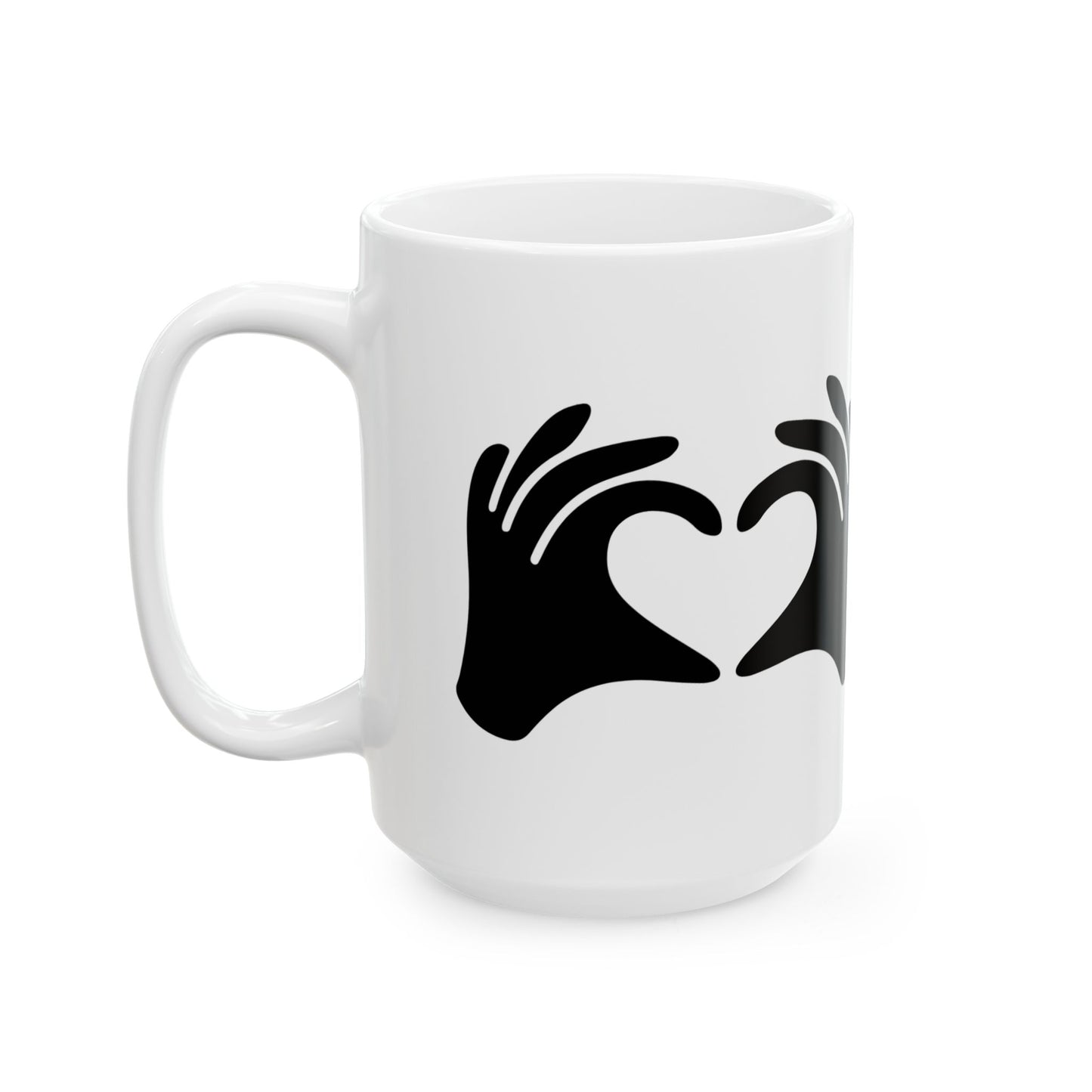 White mug with black abstract design on a white background