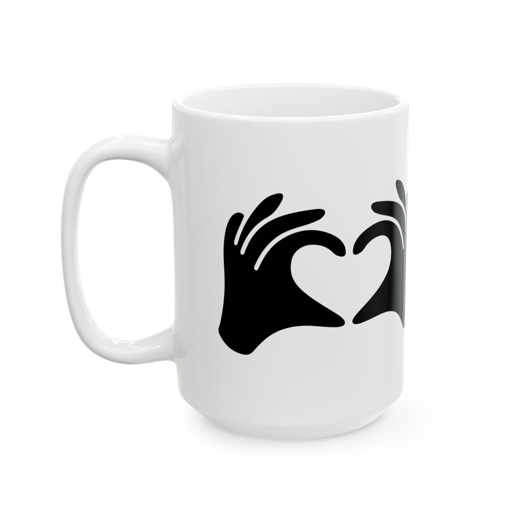White mug with black abstract design on a white background