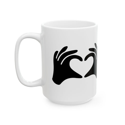 White mug with black abstract design on a white background