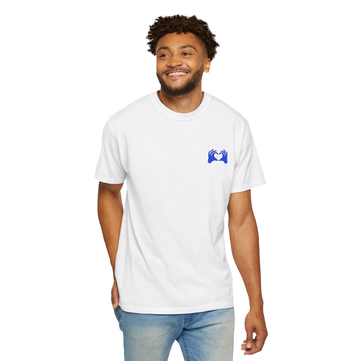 Man wearing a white t-shirt with a logo on a white background