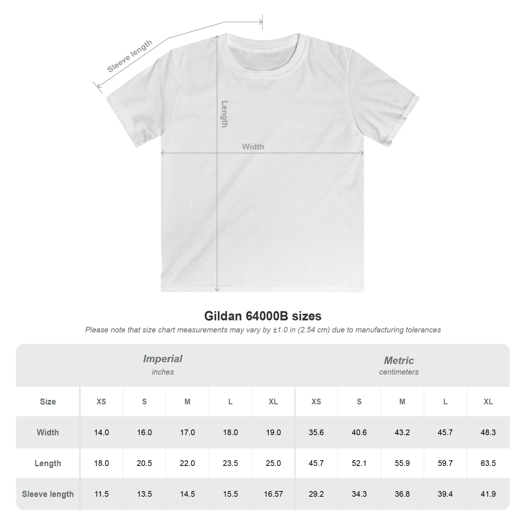 White t-shirt with measurement markings and size chart on a white background