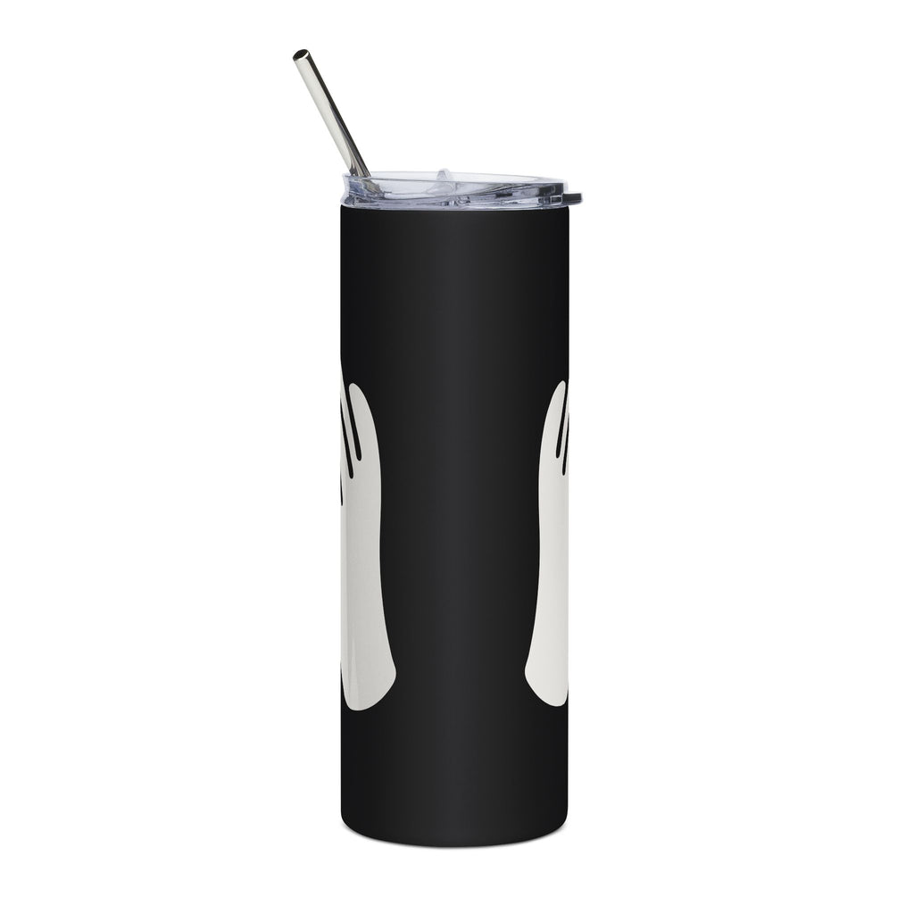 Black tumbler with white handles and a metal straw on a white background