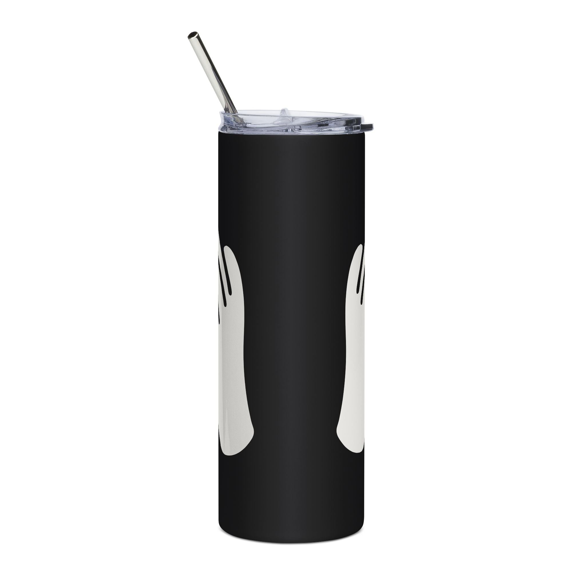 Black tumbler with white handles and a metal straw on a white background