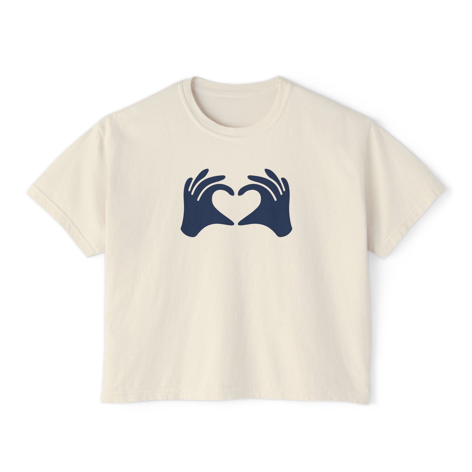 Beige t-shirt with navy blue graphic of hands forming a heart on a white background