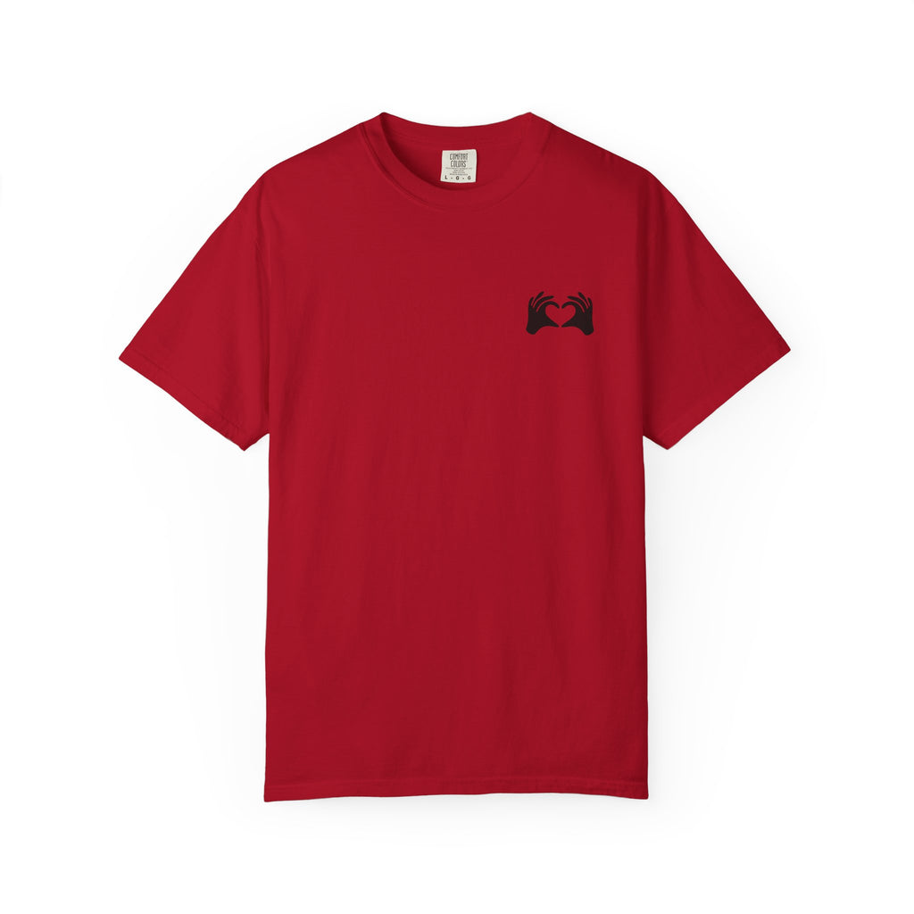 Red t-shirt with a black graphic design on a white background
