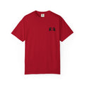 Red t-shirt with a black graphic design on a white background