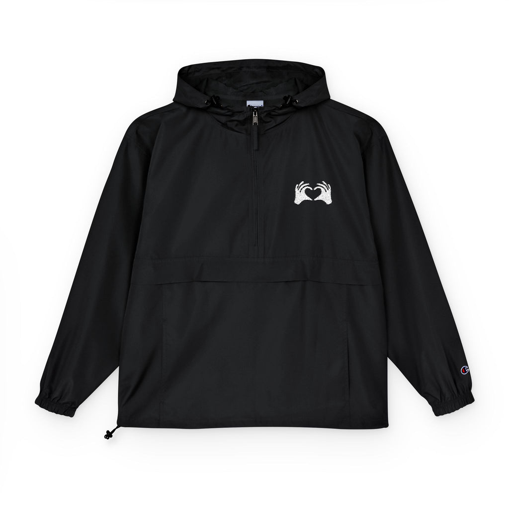 Black hooded jacket with a logo on a white background