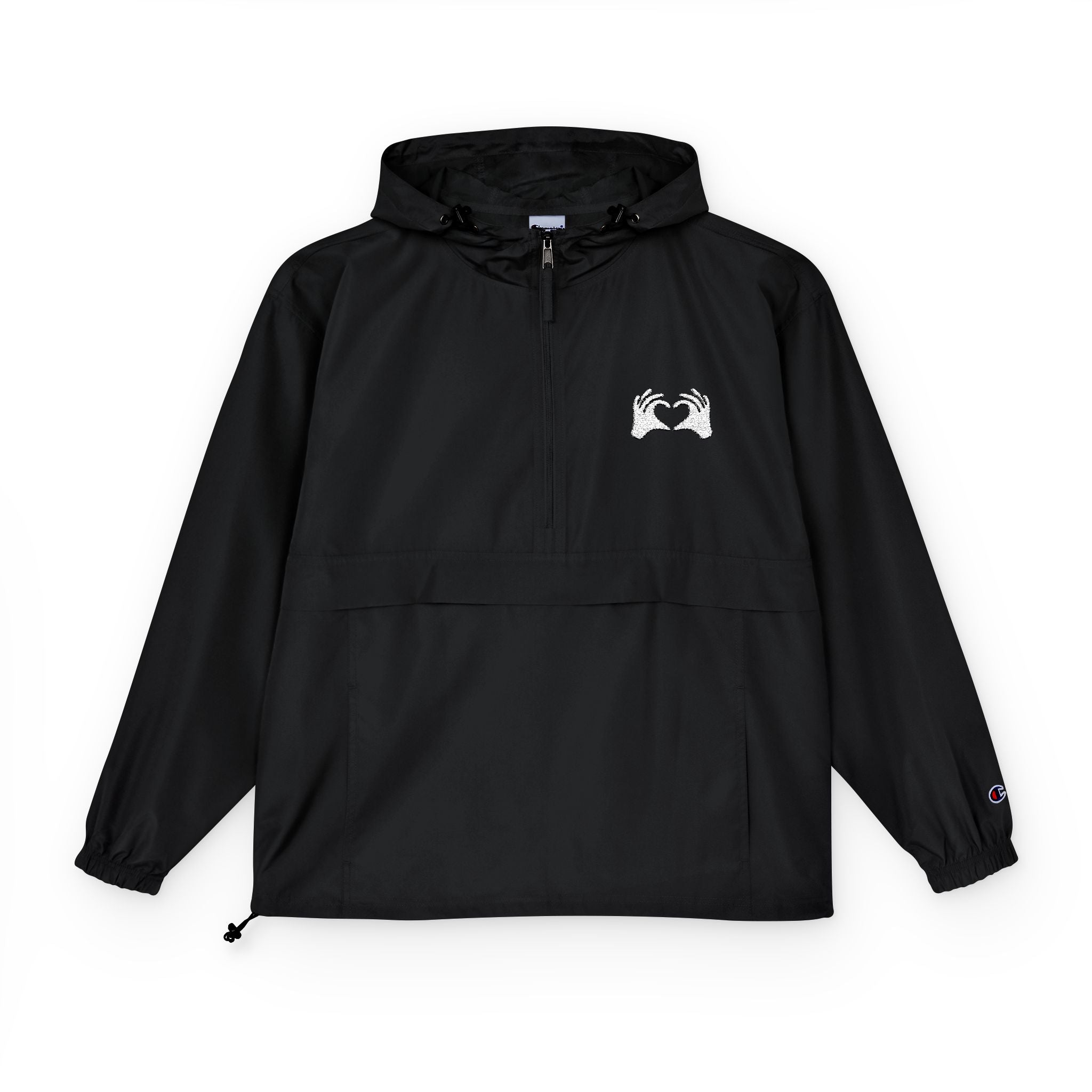 Black hooded jacket with a logo on a white background