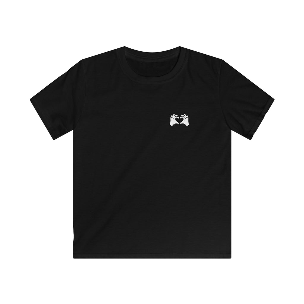 Black t-shirt with a logo on the chest against a white background