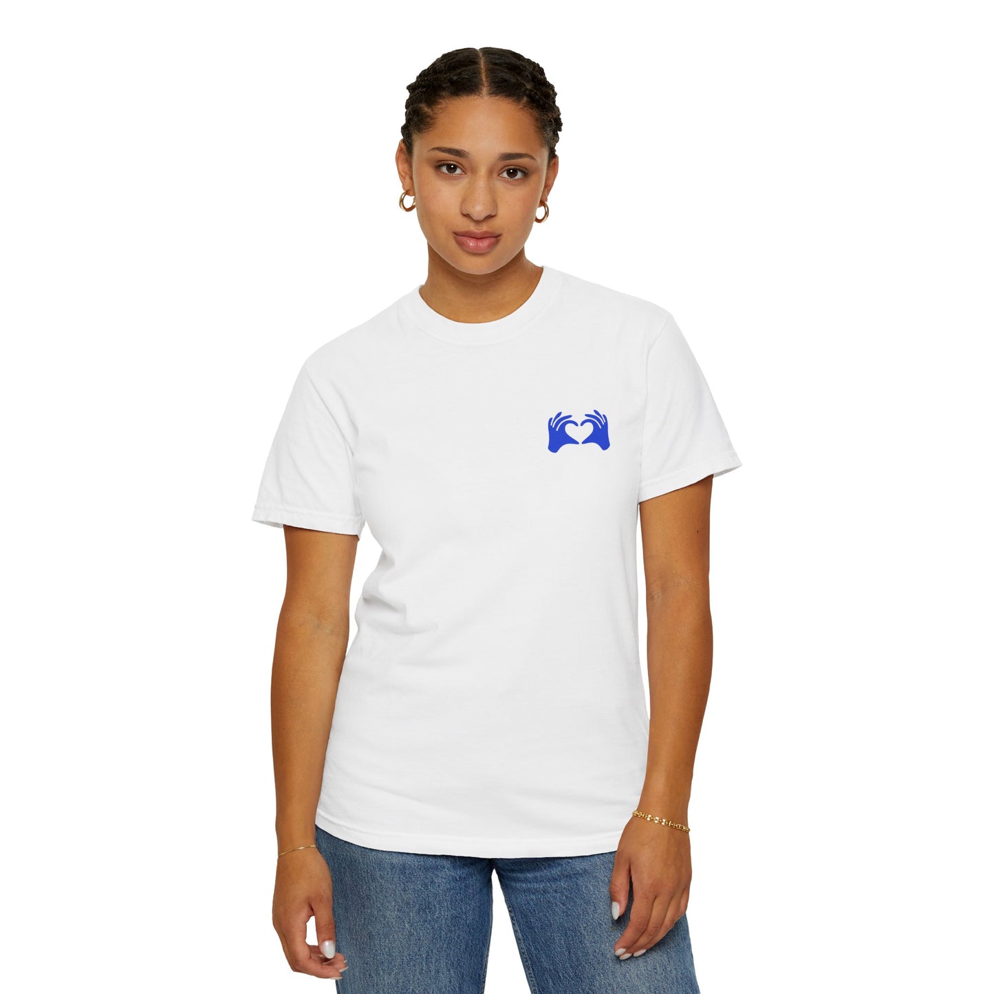 Person wearing a white t-shirt with 'MW' logo on a white background