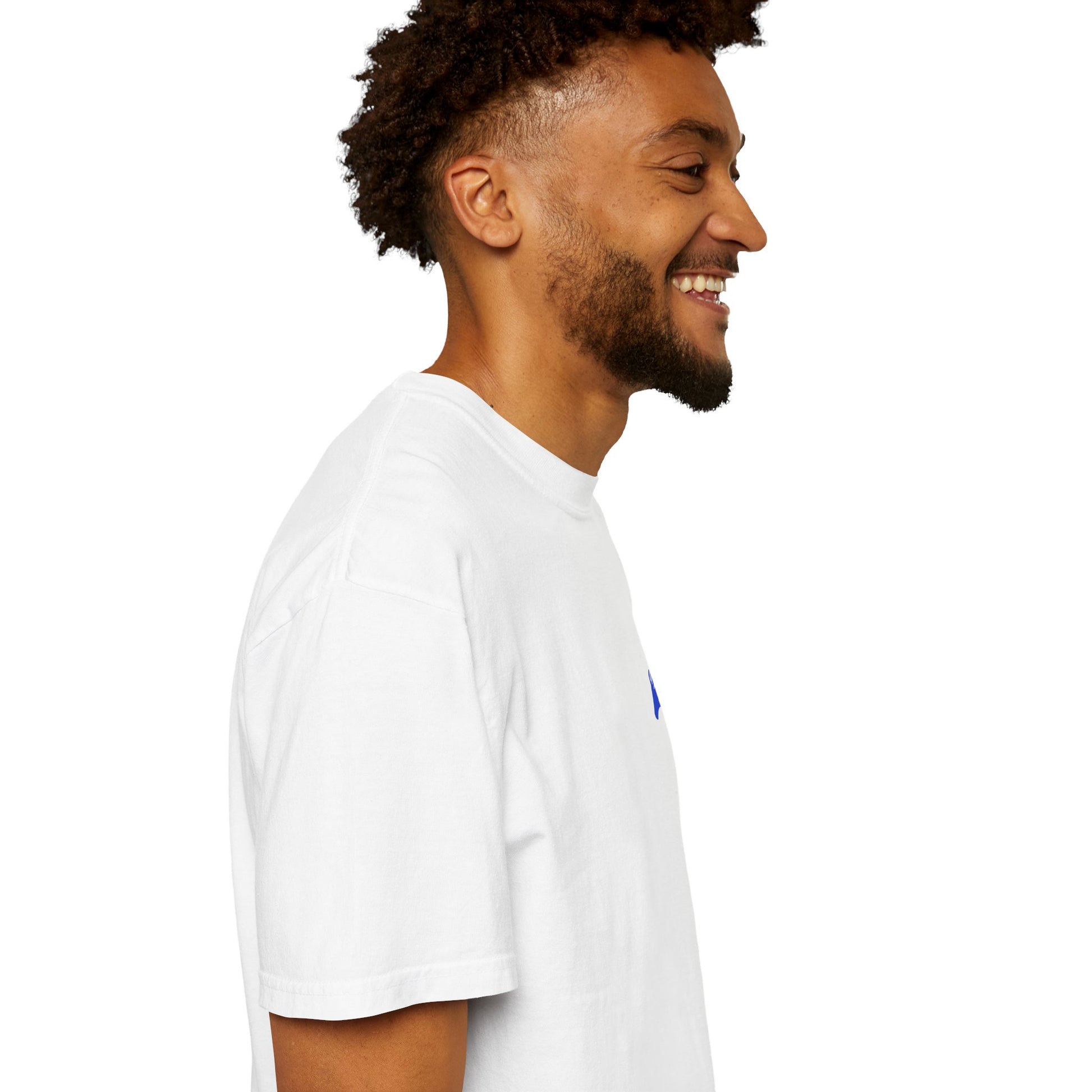 Man wearing a white t-shirt with logos on a white background