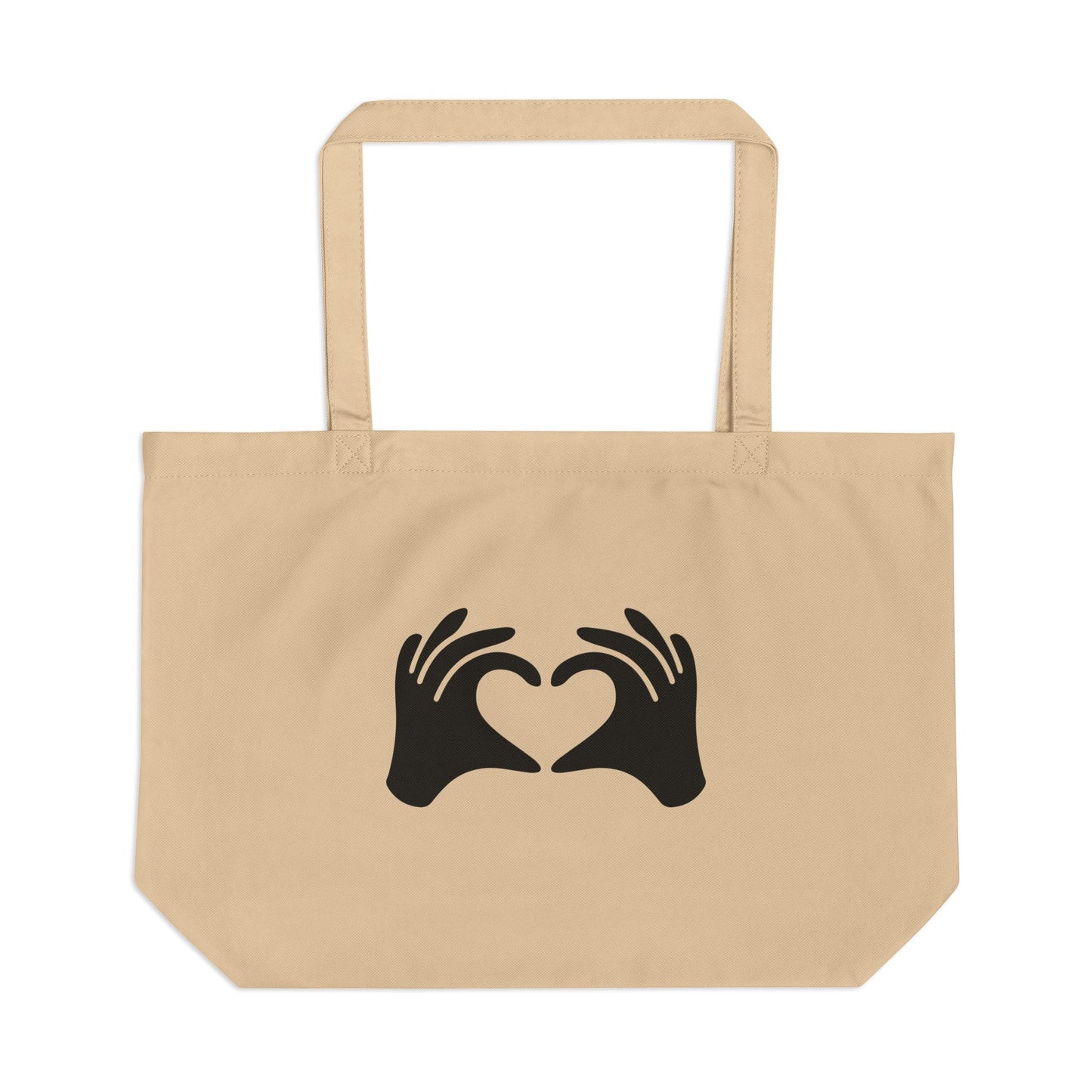 Beige tote bag with black hand heart design on a white background