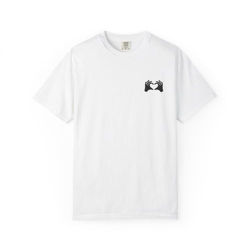White t-shirt with a small logo on the chest against a white background