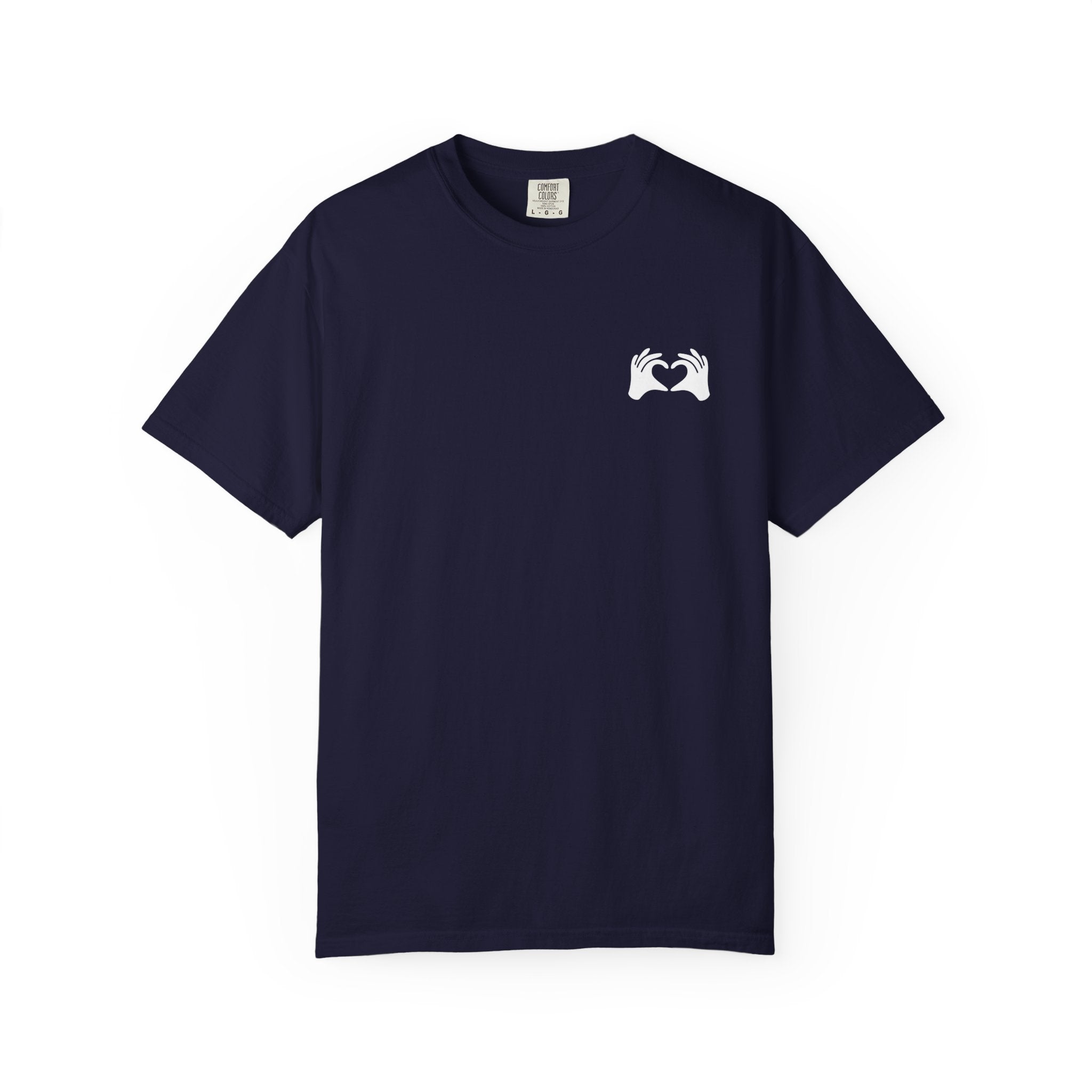 Navy blue t-shirt with a small white logo on a white background