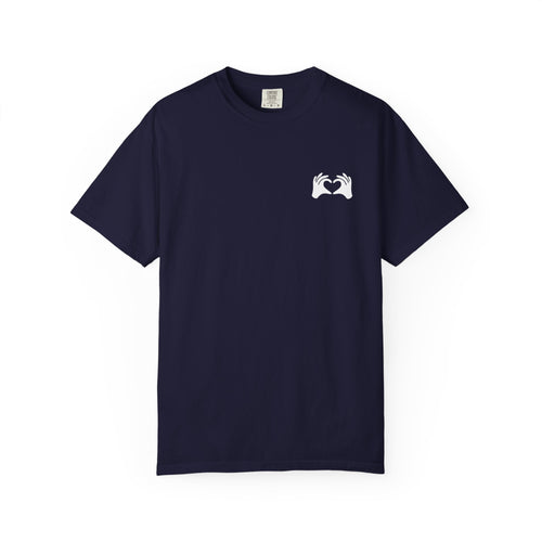 Navy blue t-shirt with a small white logo on a white background