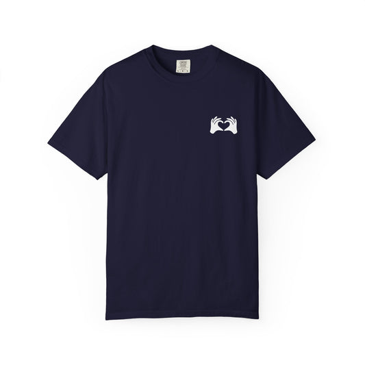 Navy blue t-shirt with a small white logo on a white background