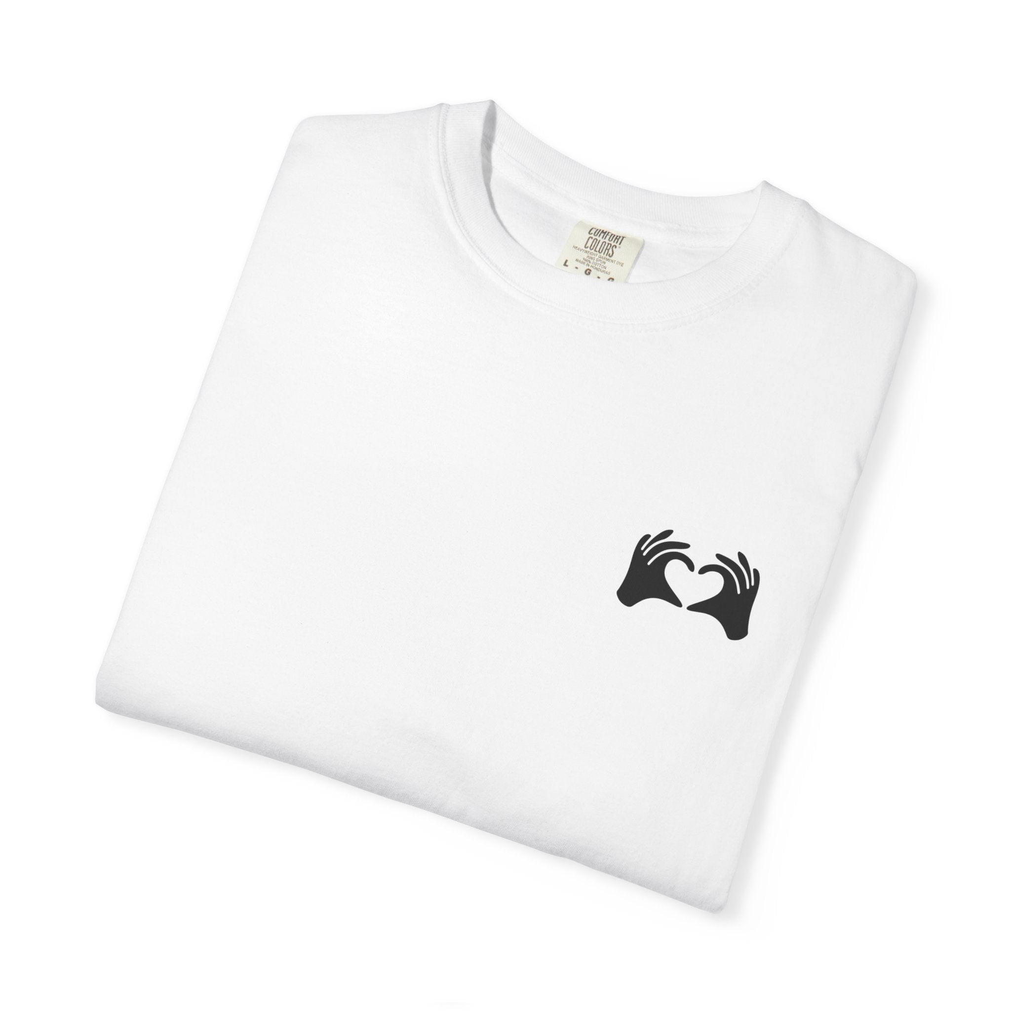 White t-shirt with a black logo on a white background