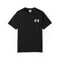 Black t-shirt with a white logo on a white background