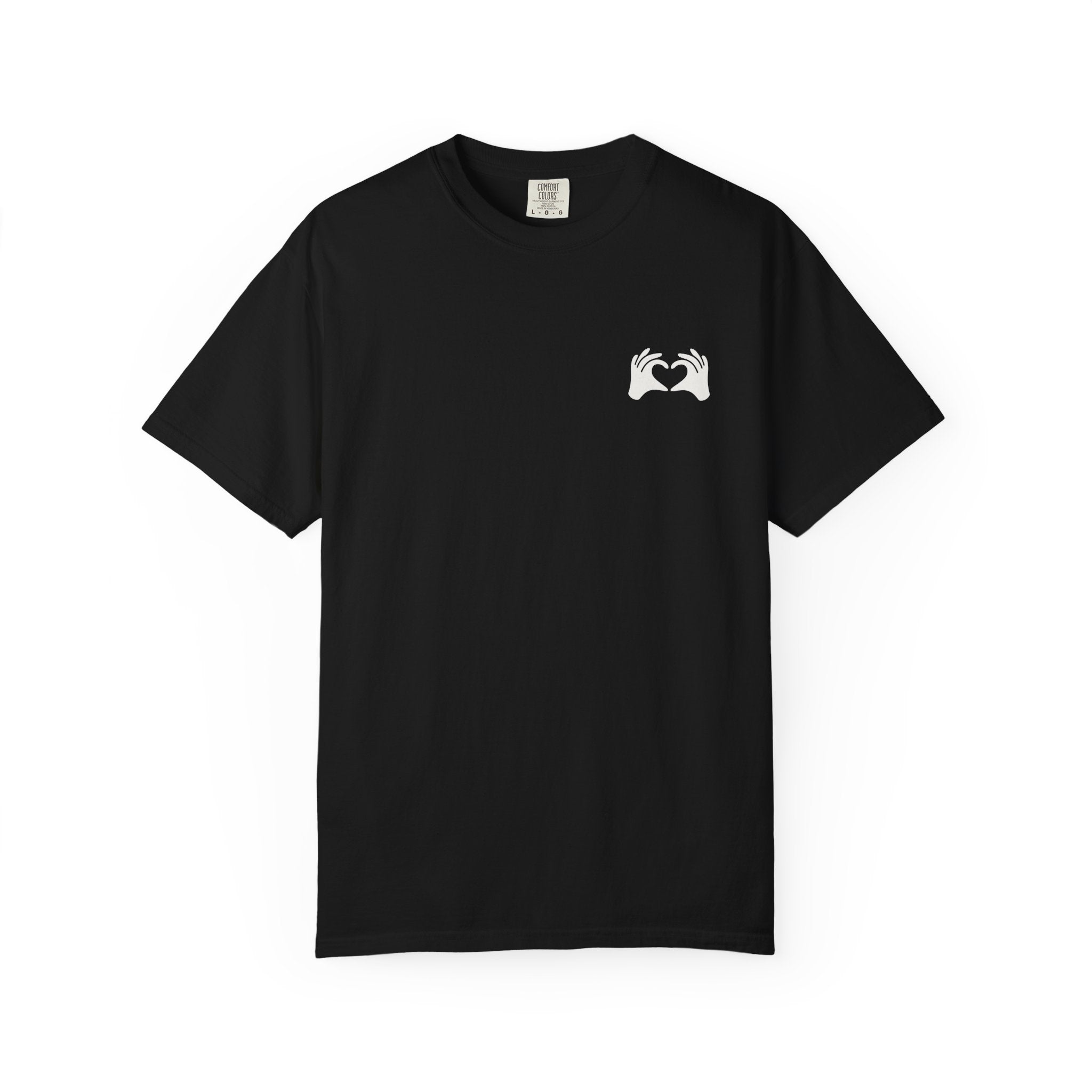 Black t-shirt with a white logo on a white background