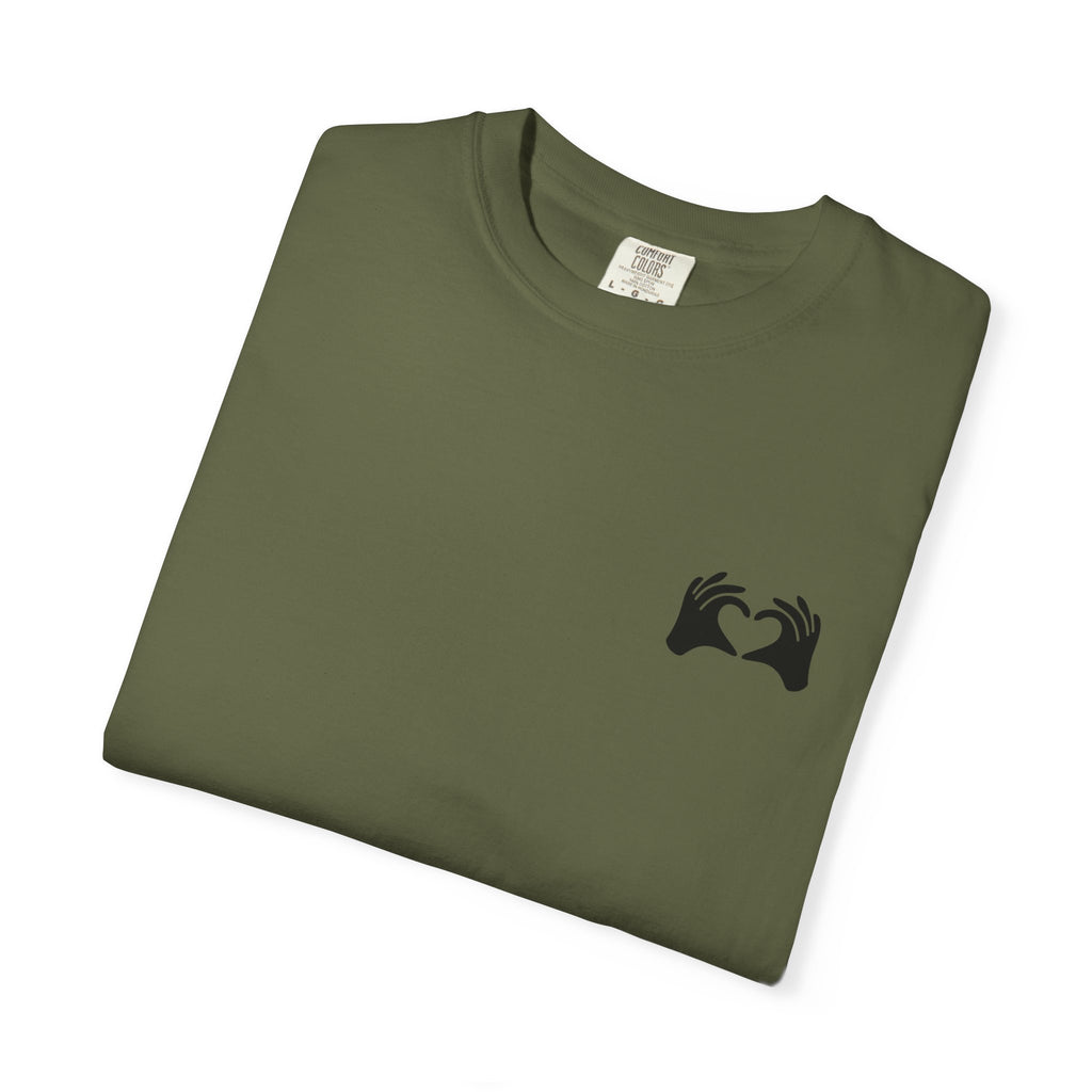 Folded green t-shirt with a black logo on a white background