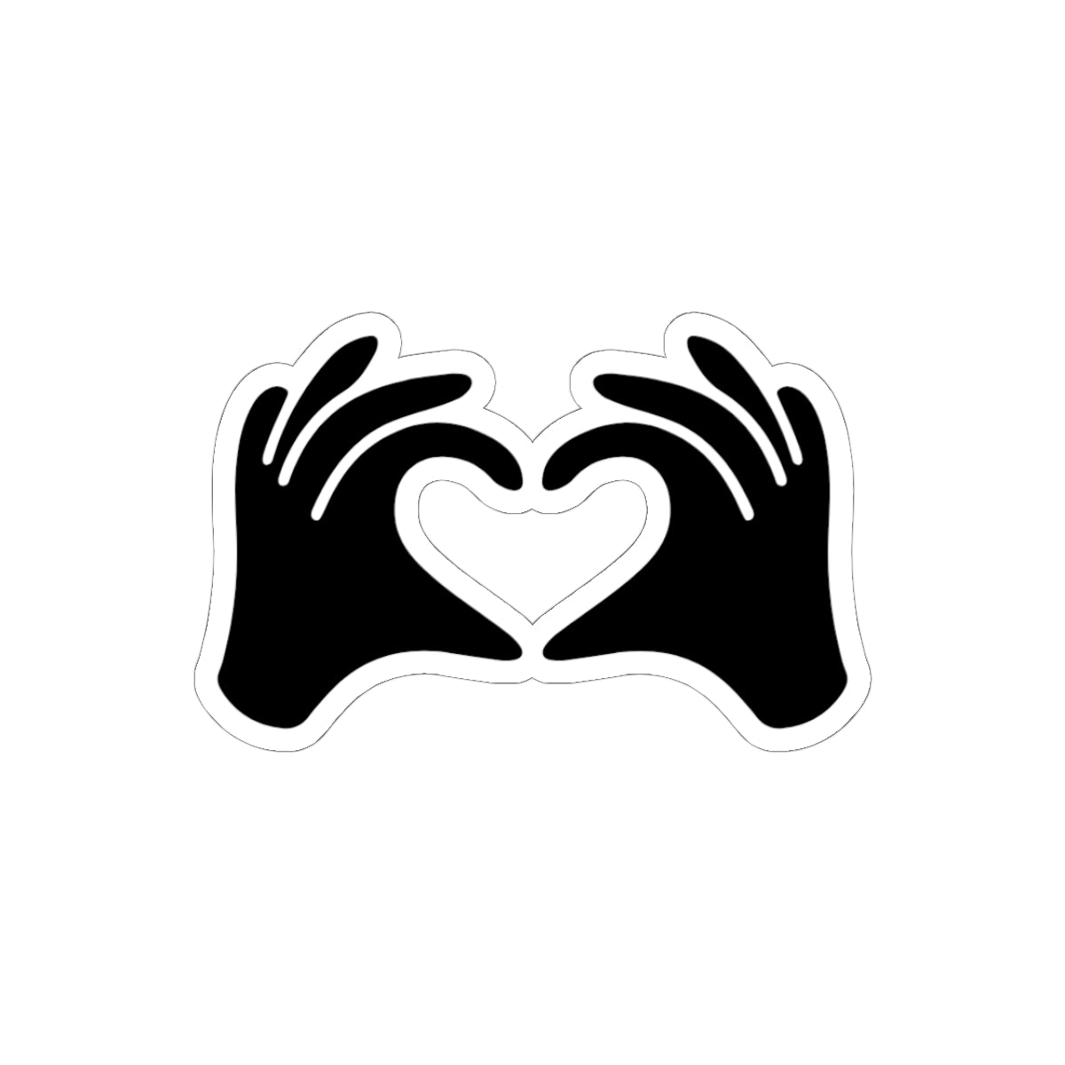Black silhouette of two hands forming a heart shape on a white background