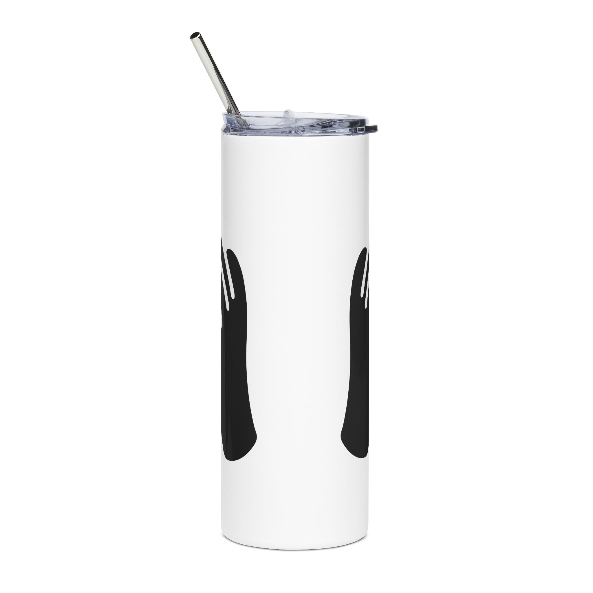 White tumbler with black handles and a metal straw on a white background