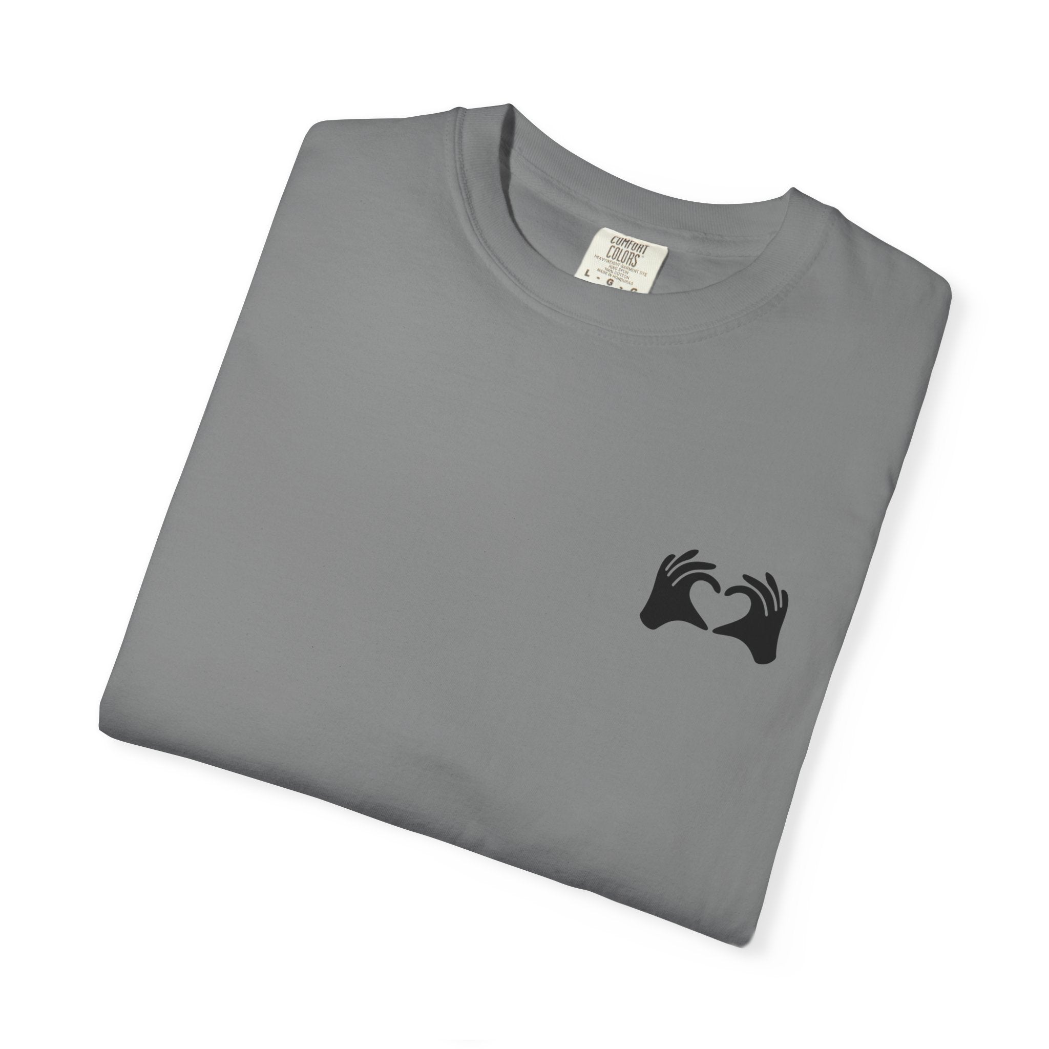 Folded gray t-shirt with a black geometric design on a white background