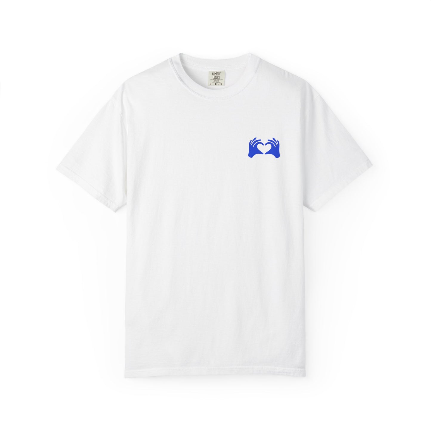 White t-shirt with a blue logo on a white background