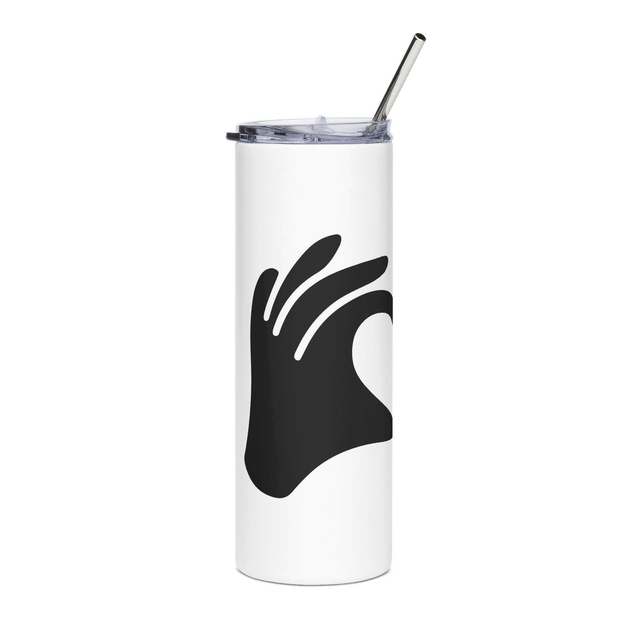 White tumbler with a black hand-shaped logo on a white background