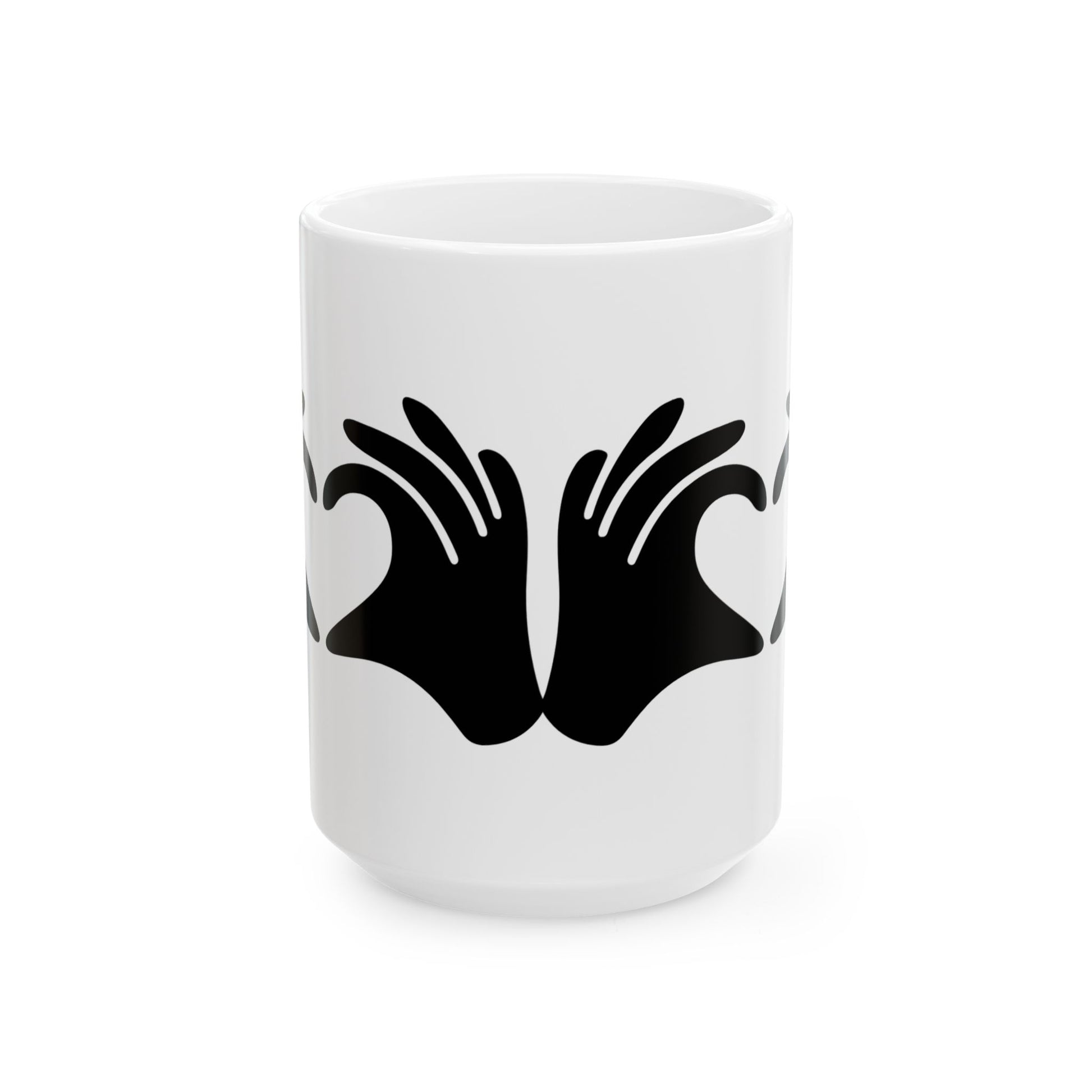 White mug with black abstract design on a white background