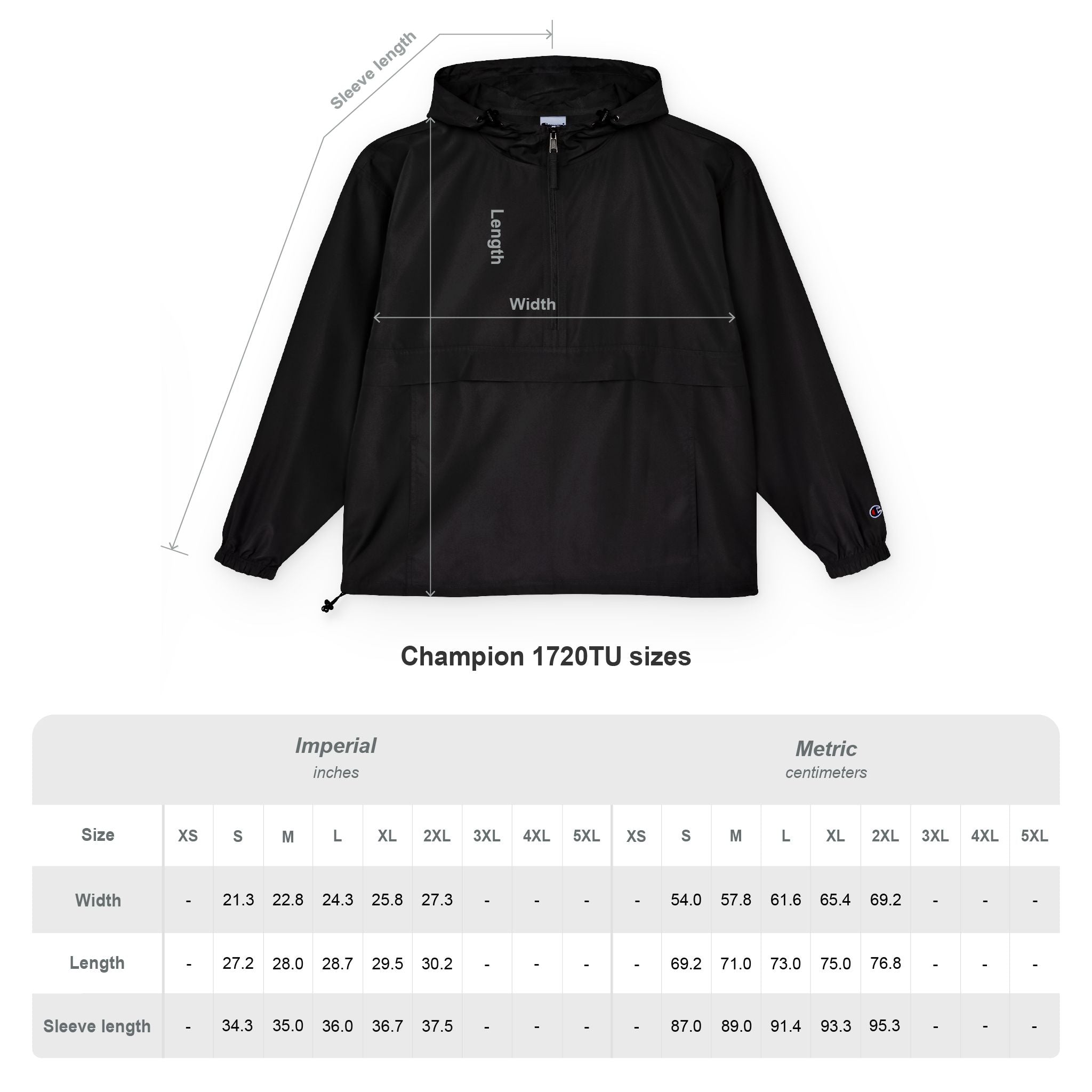 Black jacket with measurement lines and Champion logo, displayed with size chart below.