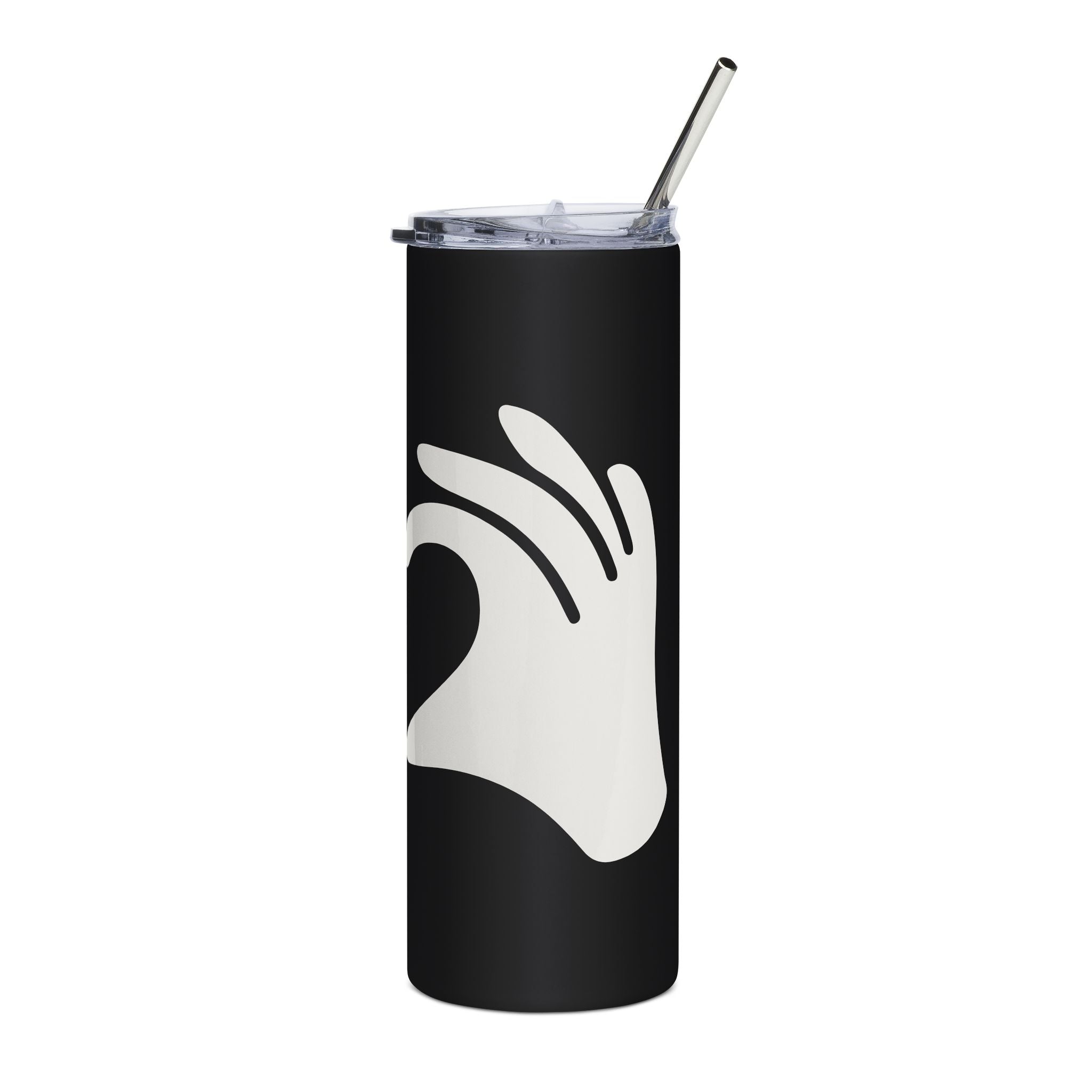 Black tumbler with a white hand design and metal straw on a white background