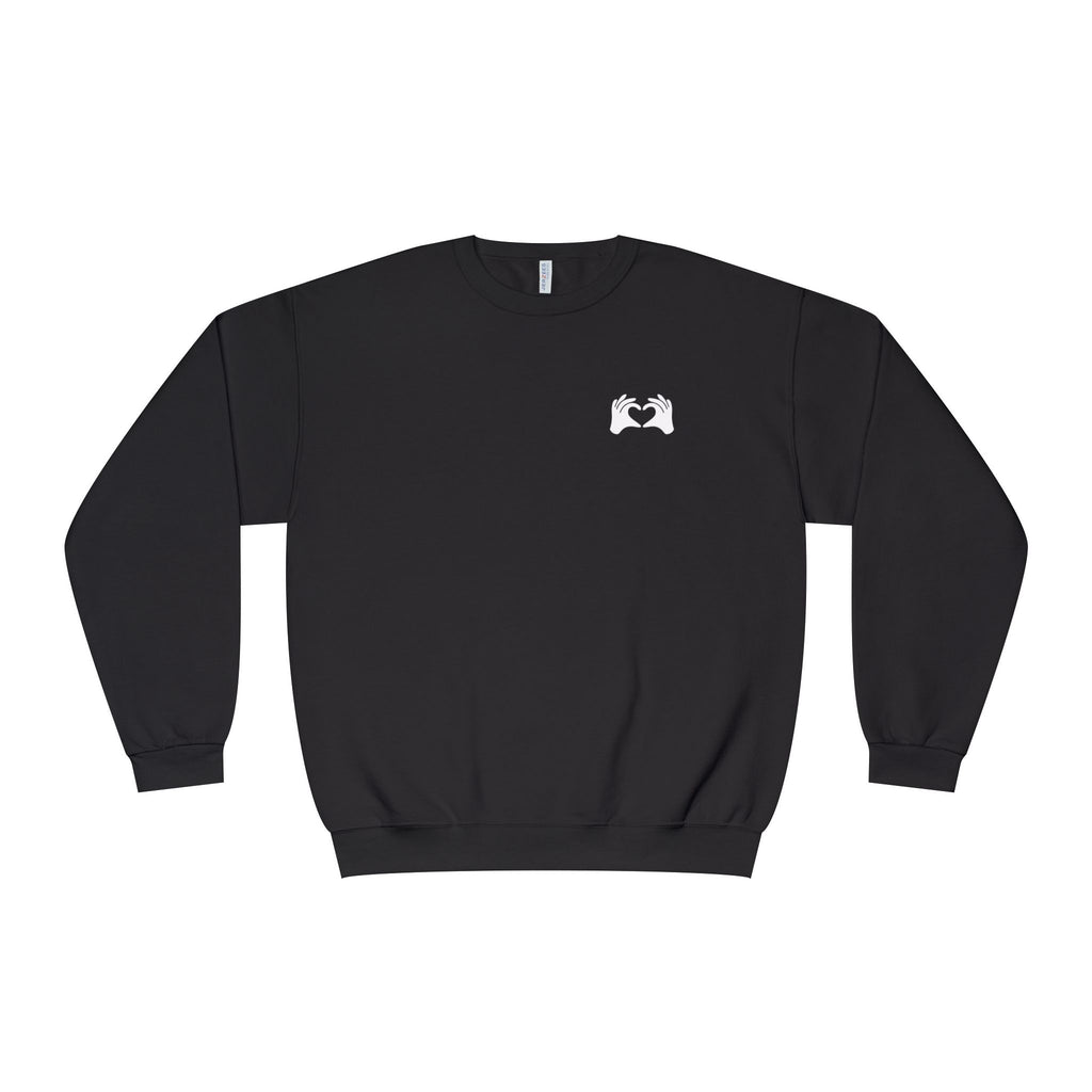 Black sweatshirt with a white logo on a white background