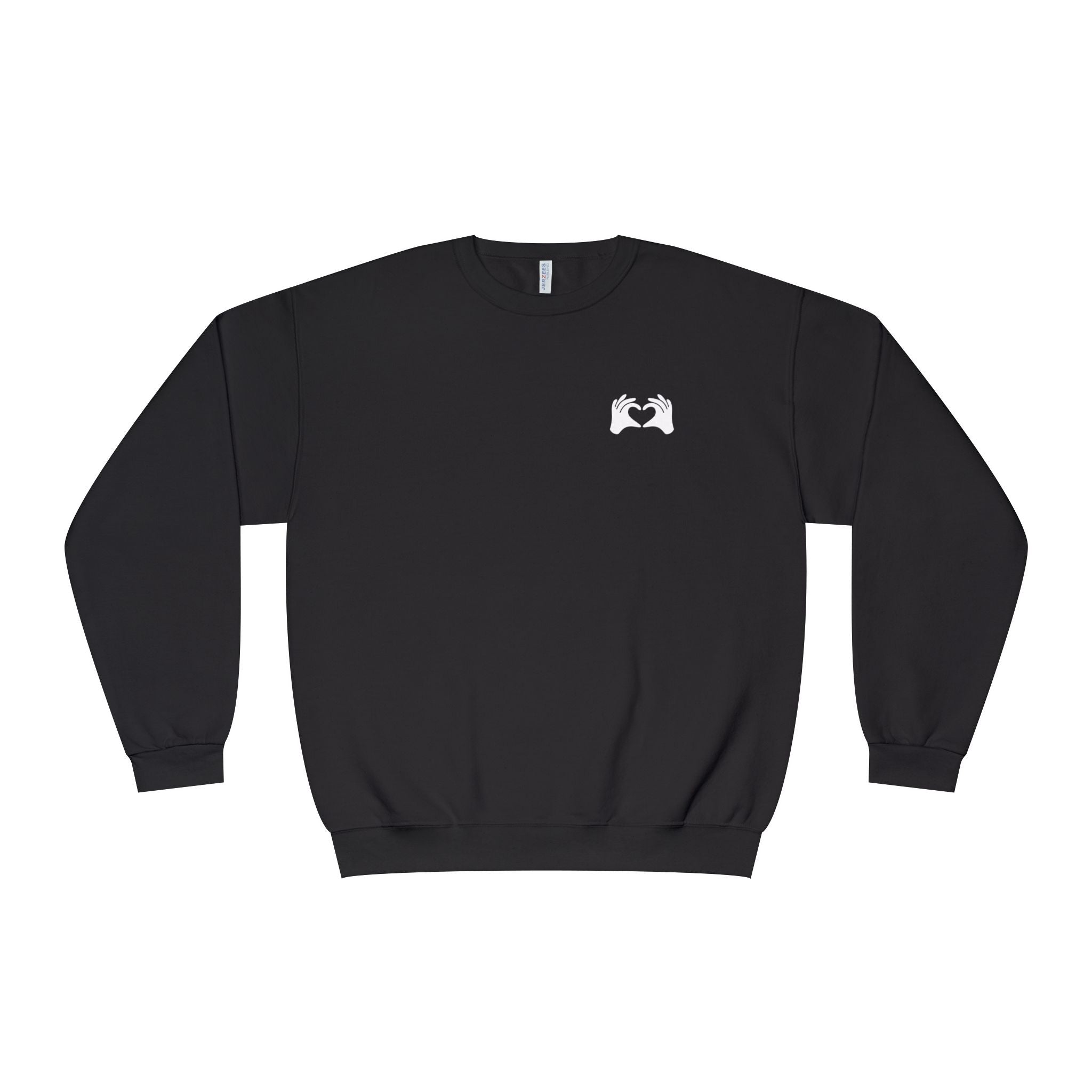 Black sweatshirt with a white logo on a white background