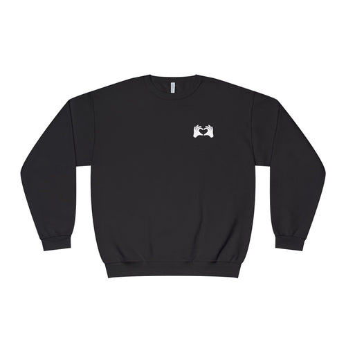 Black sweatshirt with a white logo on a white background
