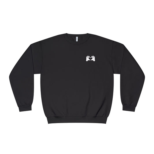 Black sweatshirt with a white logo on a white background