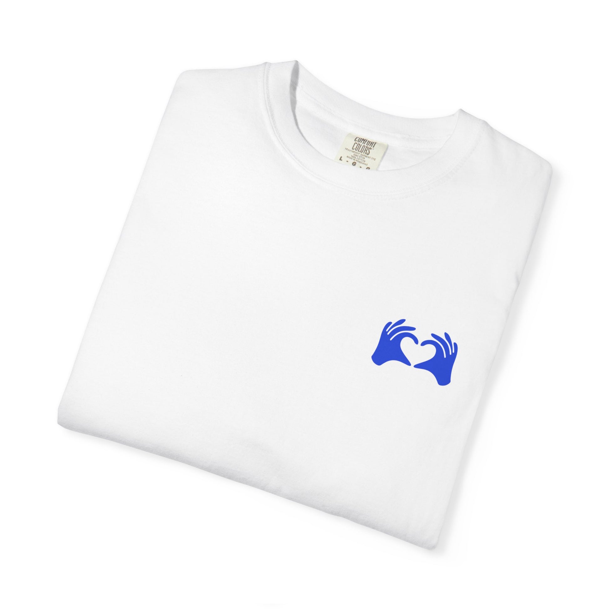 White t-shirt with a blue logo on a white background