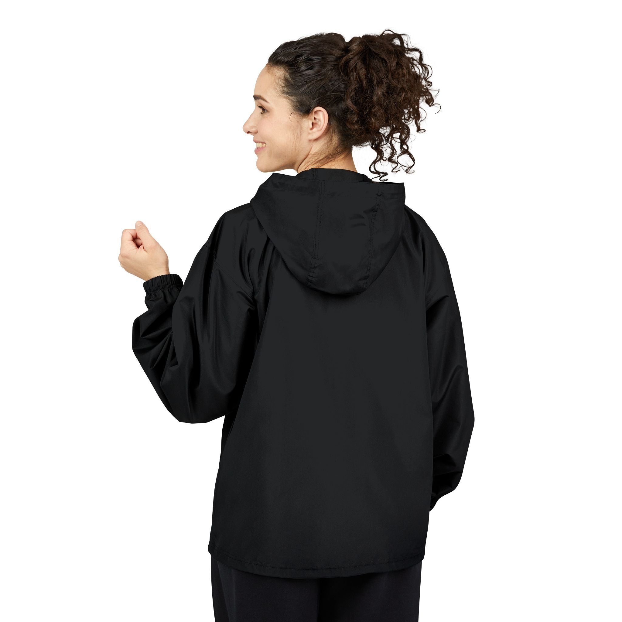 Woman wearing a black jacket on a white background
