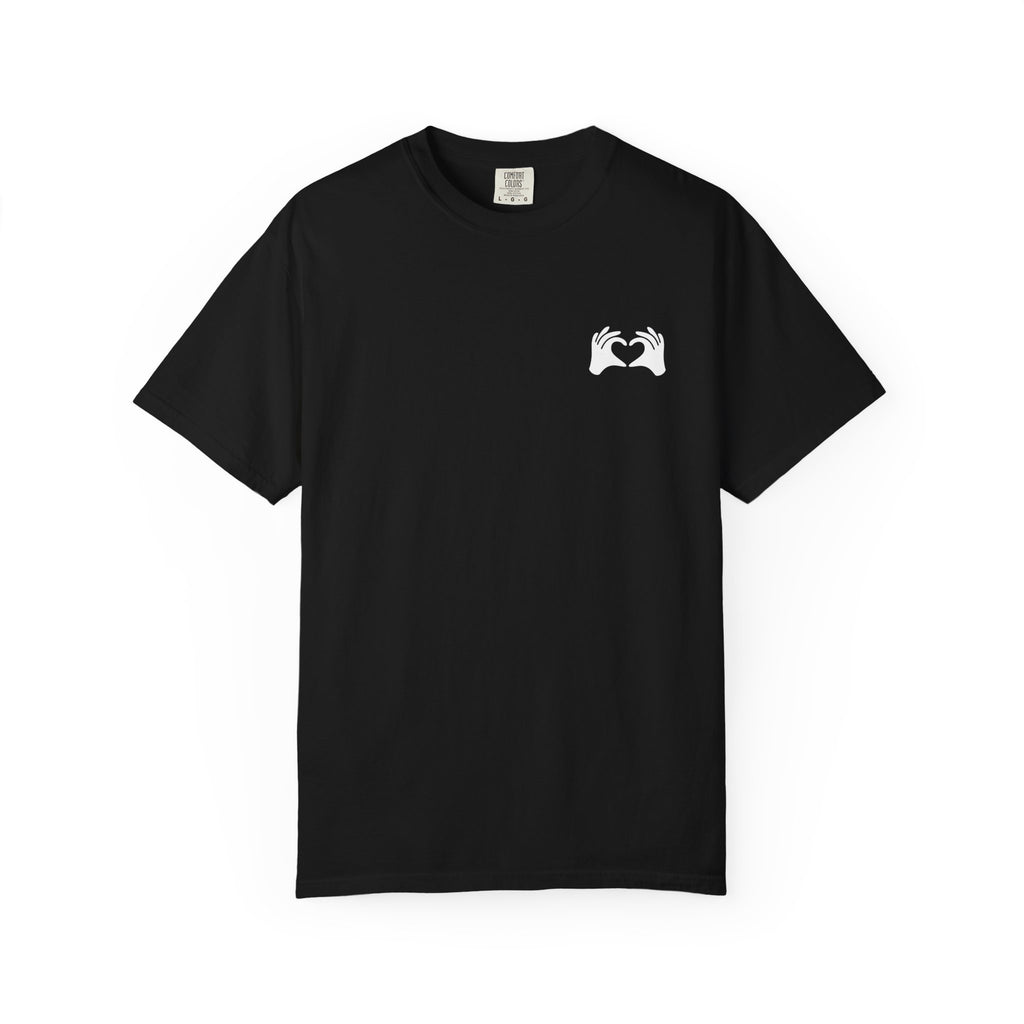 Black t-shirt with a white logo on a white background