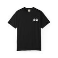 Black t-shirt with a white logo on a white background