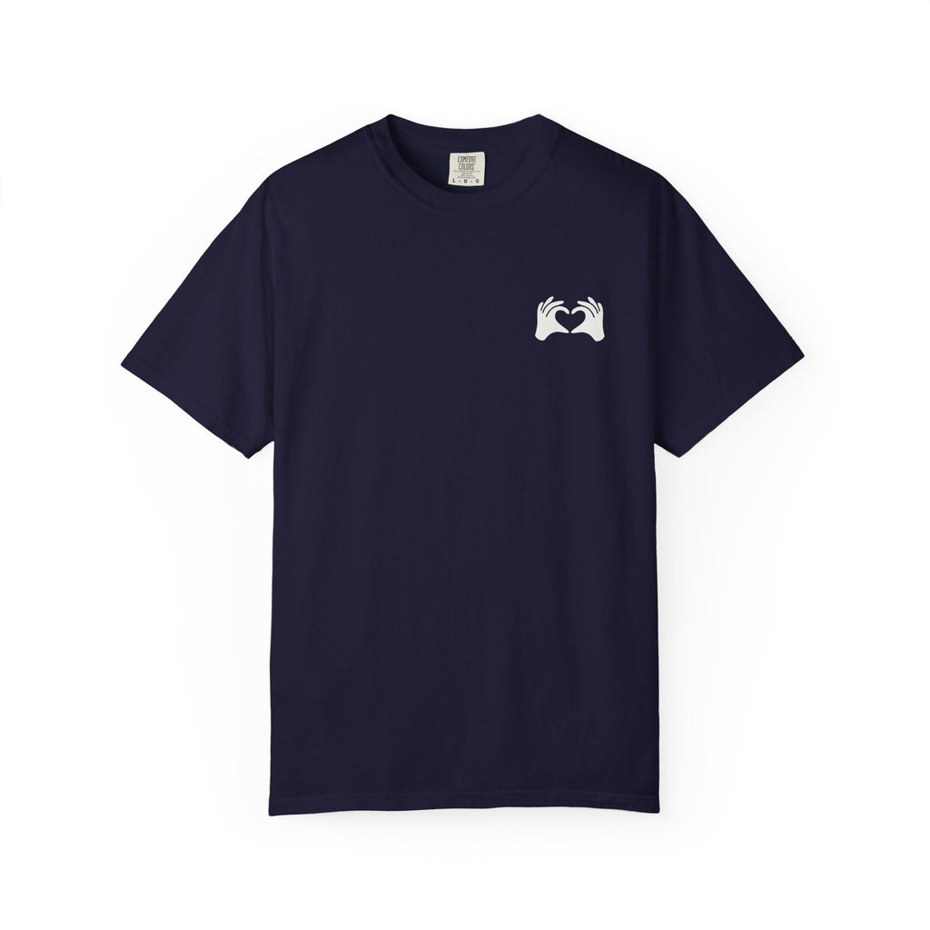 Navy blue t-shirt with a small white logo on a white background