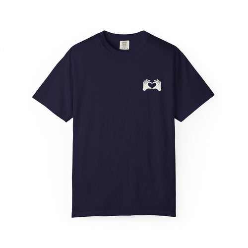 Navy blue t-shirt with a small white logo on a white background
