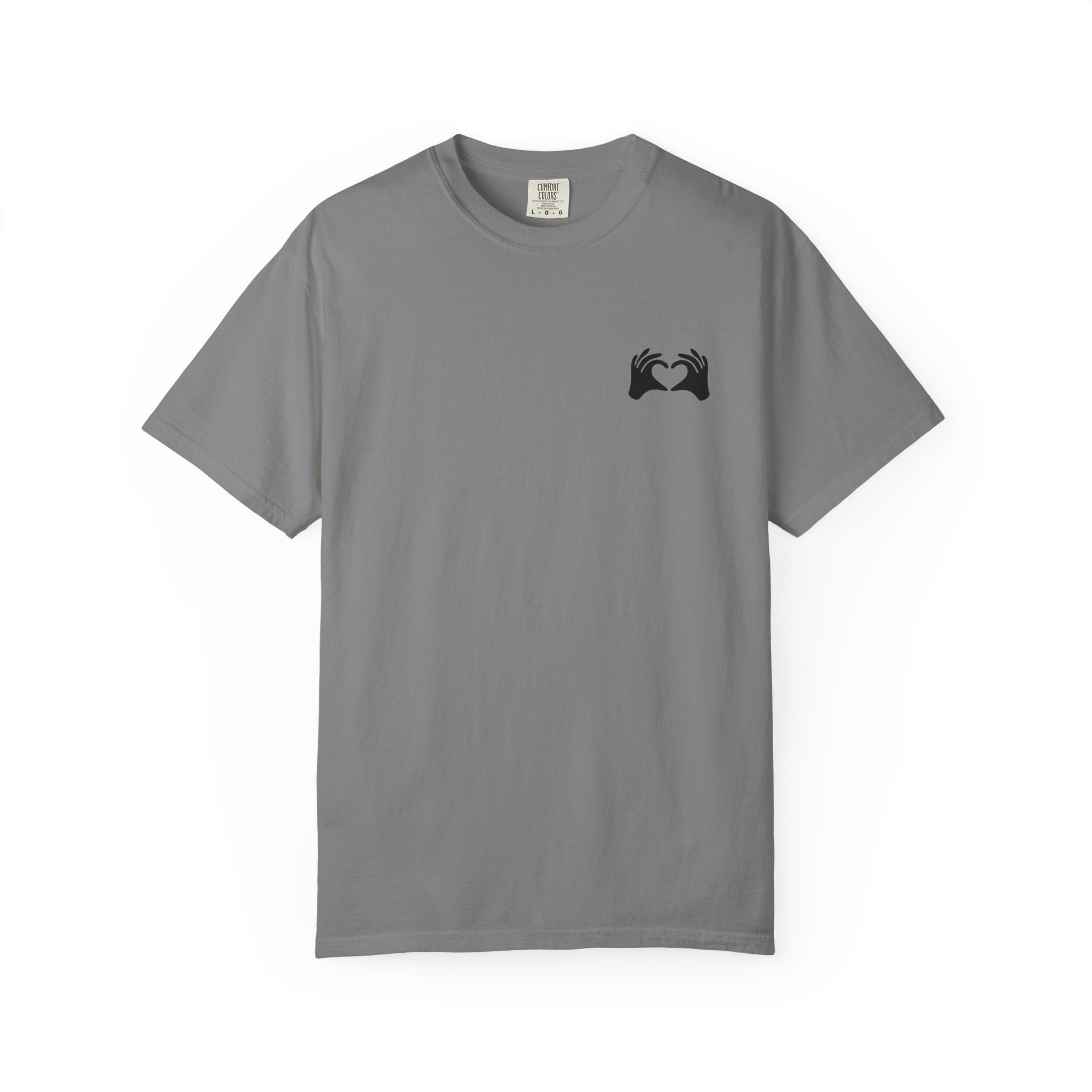 Gray t-shirt with a small colorful graphic on the chest against a white background