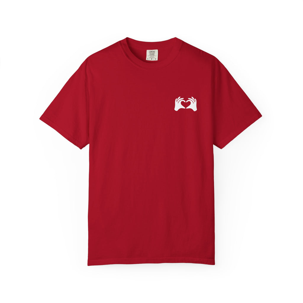 Red t-shirt with a white logo on a white background