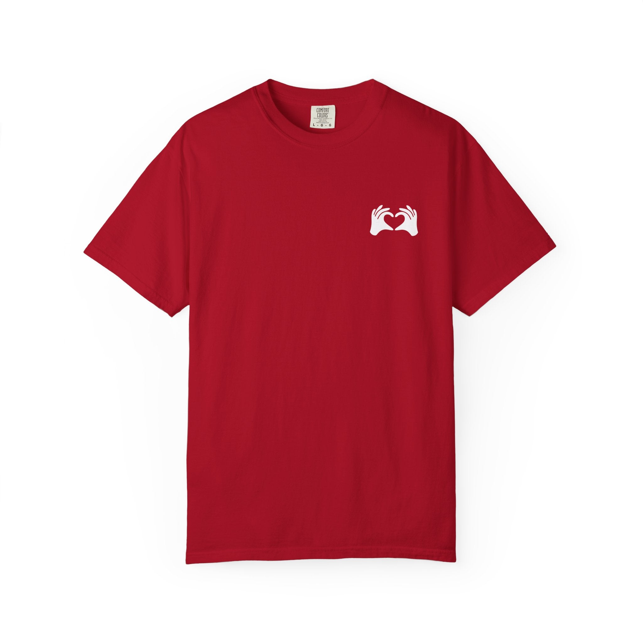 Red t-shirt with a white logo on a white background