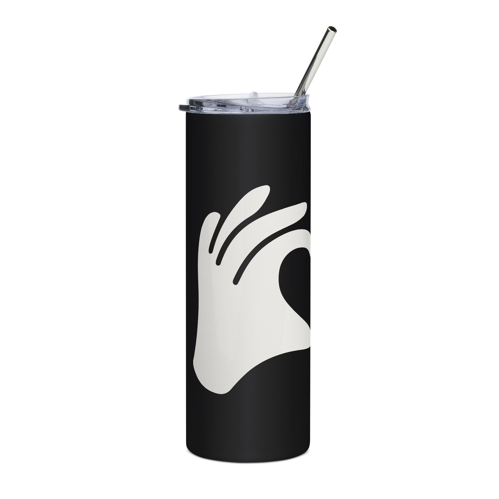 Black tumbler with a white hand icon on a white background